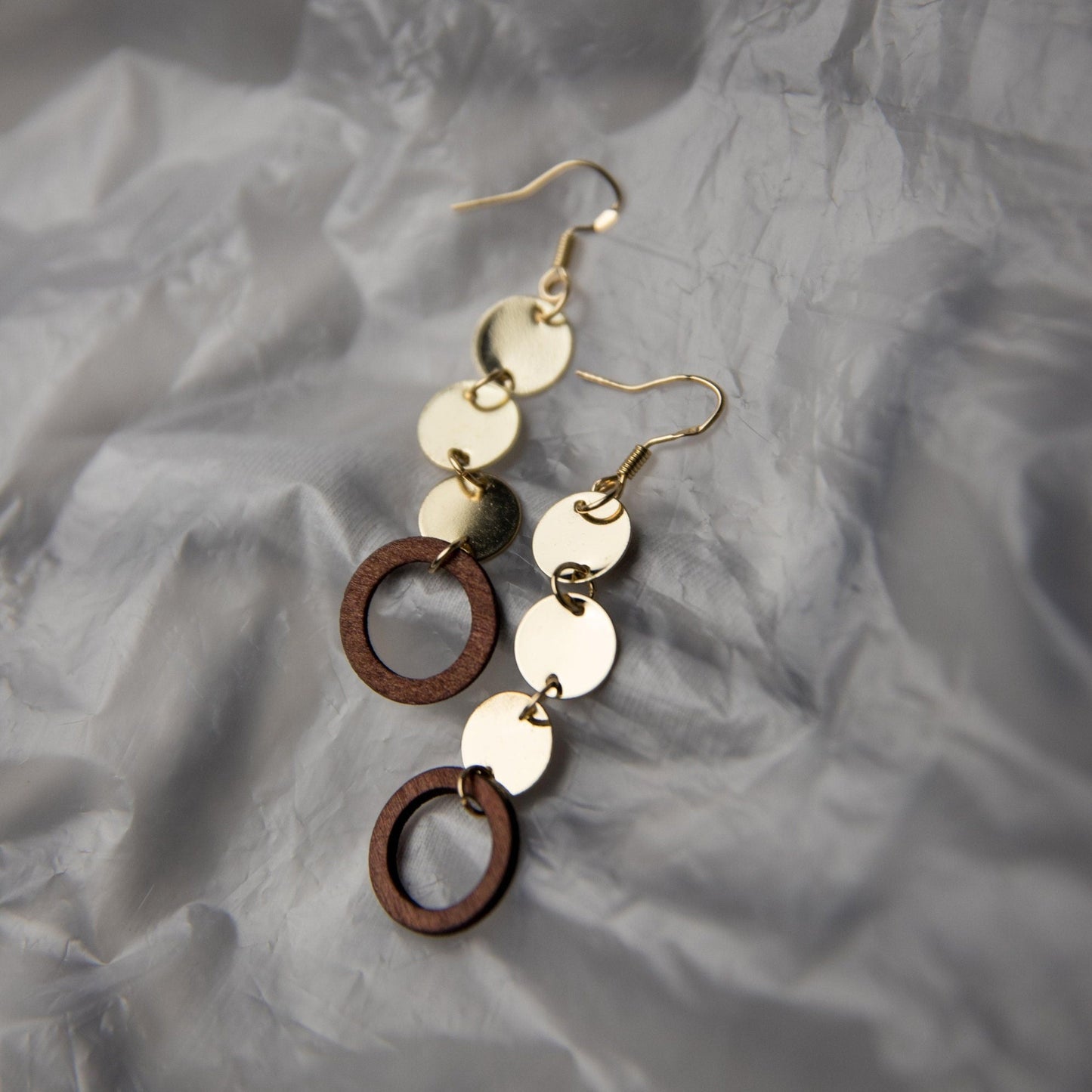 Dangling Circle Wood and Gold Earrings
