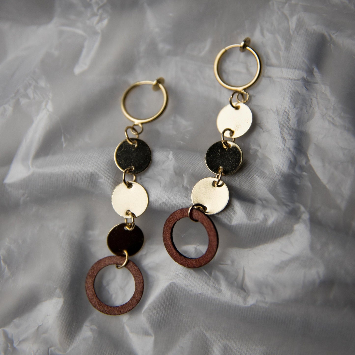 Dangling Circle Wood and Gold Earrings