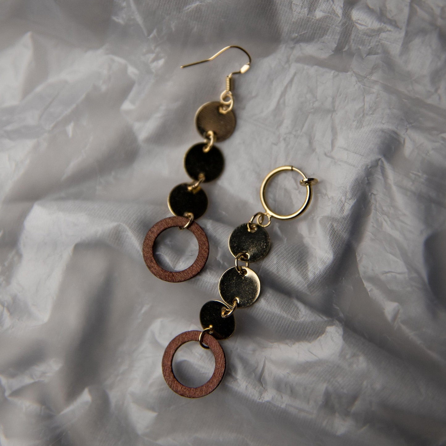 Dangling Circle Wood and Gold Earrings